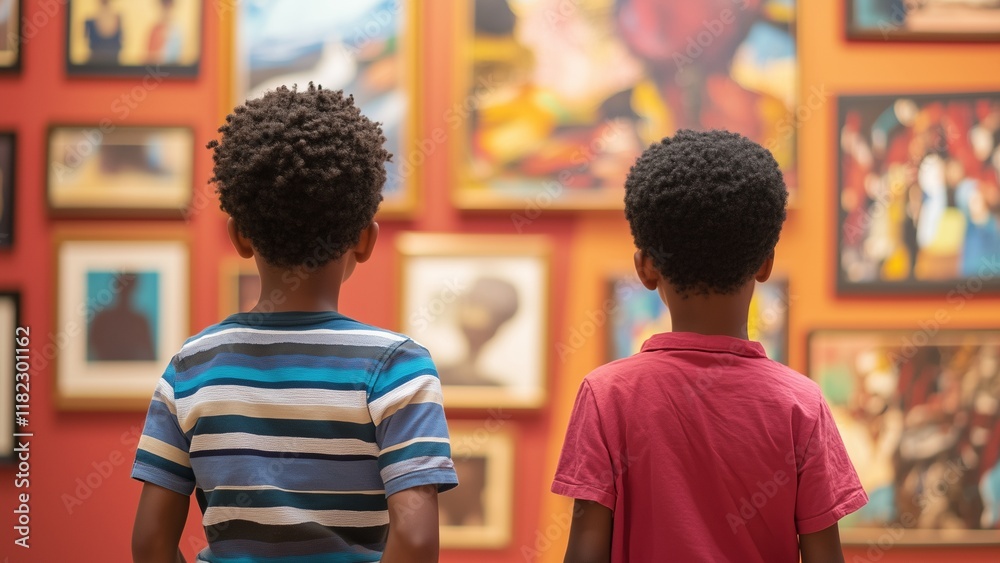 back view of small two afro American kid boys with interest looking on pictures on the wall in gallery in Black history in community center on Black history month celebration back view of small two afro American kid boys with interest looking on pictures on the wall in gallery in Black history in community center on Black history month celebration