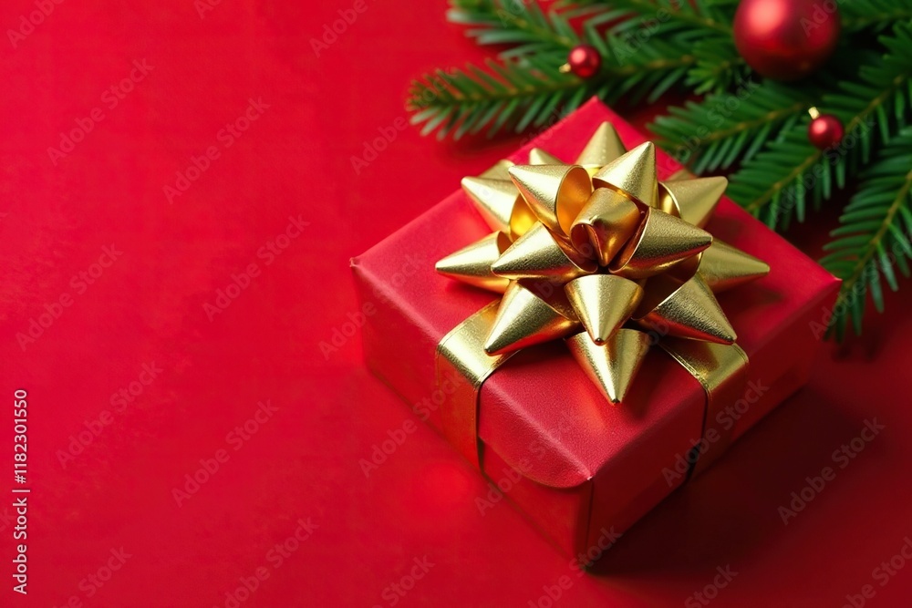 Wrapped Christmas gift on red background with a shiny gold bow and greenery, Gift wrapping, red background, gift ideas Wrapped Christmas gift on red background with a shiny gold bow and greenery, Gift wrapping, red background, gift ideas