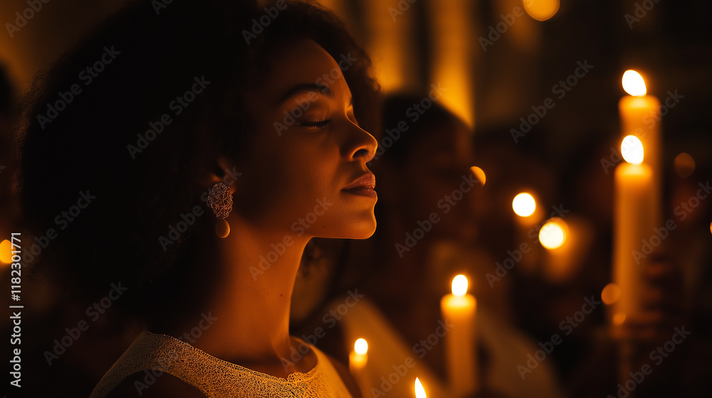 Woman holding candles during nighttime vigil in church, soft warm light and spiritual atmosphere in religious community gathering Woman holding candles during nighttime vigil in church, soft warm light and spiritual atmosphere in religious community gathering