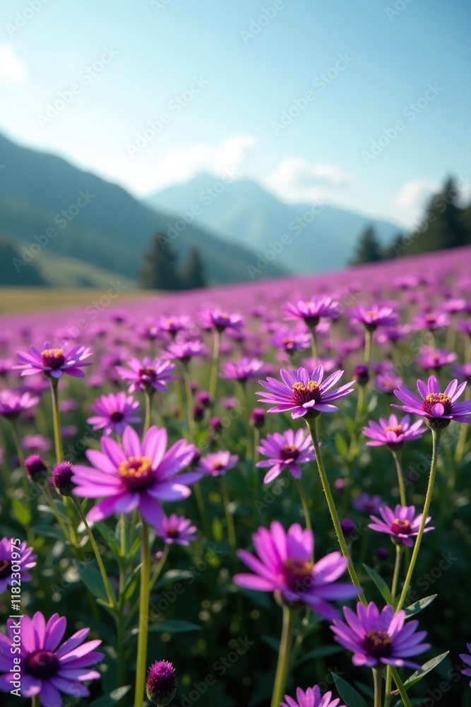 Obraz premium A field of purple aubretia flowers swaying in the breeze, landscape, bloom