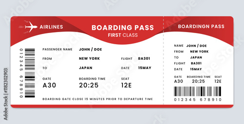 Red and white airplane ticket design. First class airline boarding pass template. Violet boarding pass vector illustration