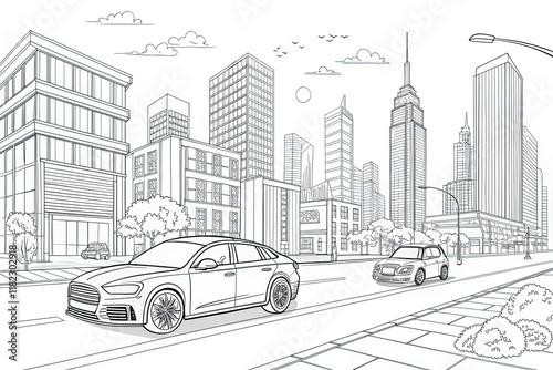 Coloring page for boys: cars rushing down the street of a modern city with high-rise buildings