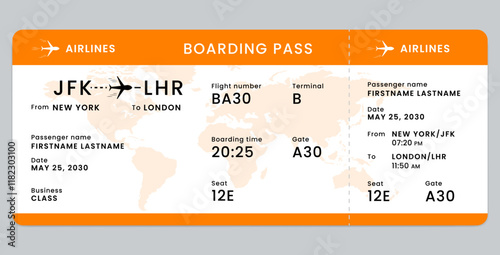Boarding pass template. Yellow and white boarding pass template. Business class travel boarding pass ticket isolated on white background