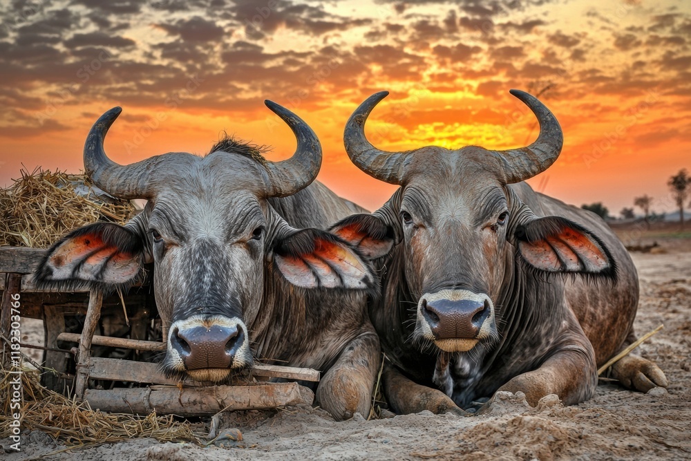 Naklejka premium Water buffaloes resting near a traditional cart in the serene rural landscape of India