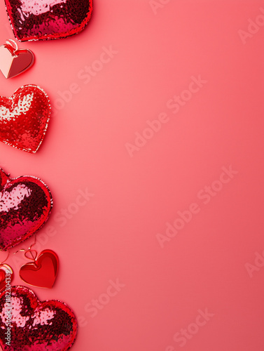 Valentine's Day background. Top view photo of hearts on red background with place for text. Copy space. View from above. AI generation.
