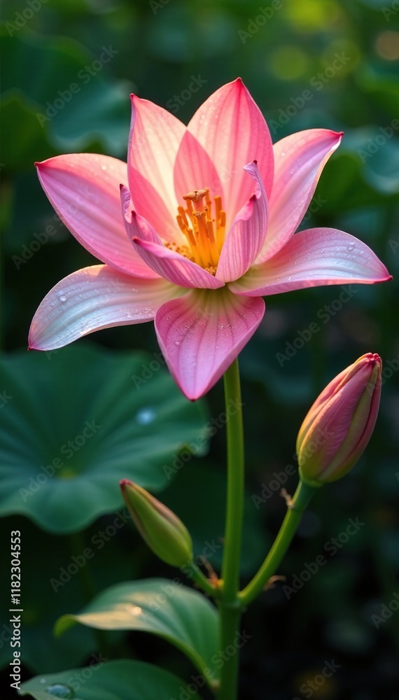 Naklejka premium Delicate lily petals glisten with morning dew, summer, serenity