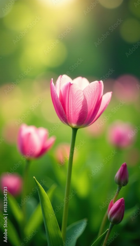 Delicate petals unfolding in a lush green field, spring bloom, panorama Delicate petals unfolding in a lush green field, spring bloom, panorama