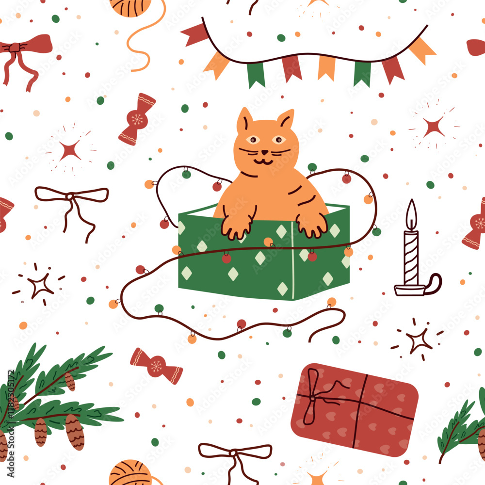Naklejka premium Happy winter background. seamless pattern with a cat as a gift. star, branch, dot, gift wrapping: cartoon cute style. for print, paper, covers, sales, vector art illustration.