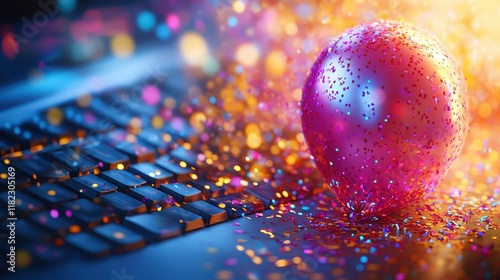A glittery pink balloon rests on a laptop keyboard amidst colorful confetti. Perfect for celebrating online achievements, birthdays, or festive virtual events.