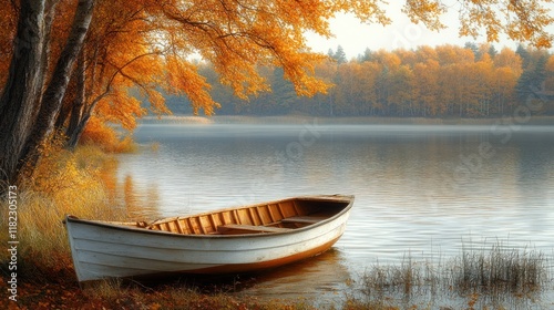 Serene autumn scene with a boat by a tranquil lake.