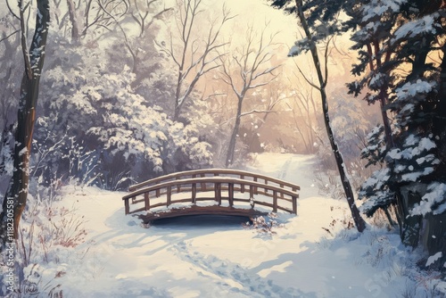 Snow-covered wooden bridge in a winter forest during sunrise with soft light illuminating the landscape photo