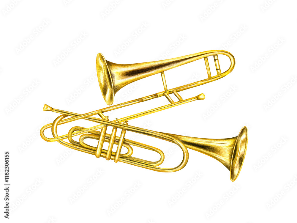 Obraz premium Watercolor intertwined musical classical brass trumpet and trombone illustration. Hand painted jazz metallic golden instrument composition for your design. Side view. For educate greeting cards