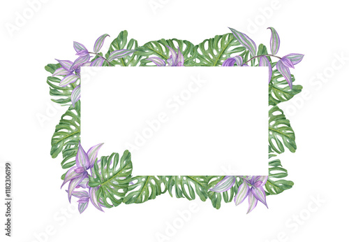 Watercolor summer floral leaf horizontal frame with empty space for text. Purple striped tradescantia, green monstera leaves illustration. Hand drawn greeting card design with exotic plants