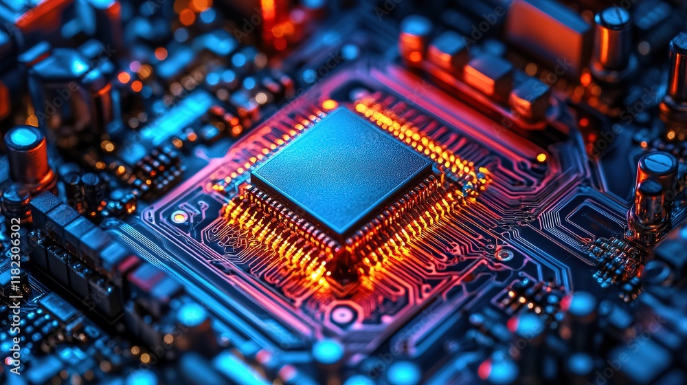 Quantum computer with intricate circuitry and glowing components, high-tech atmosphere, close-up view Quantum computer with intricate circuitry and glowing components, high-tech atmosphere, close-up view