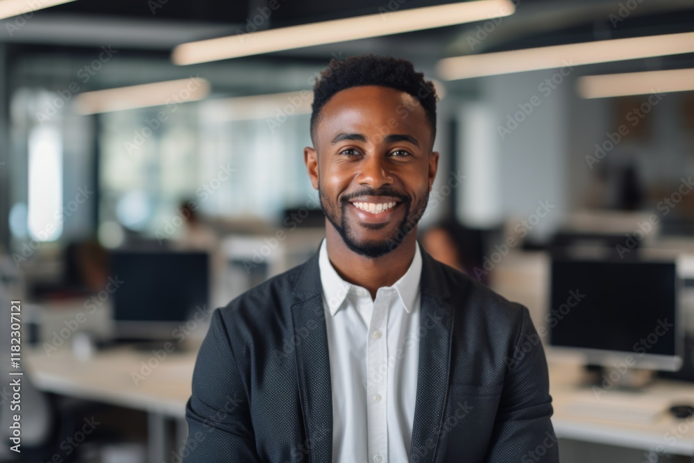 Fototapeta premium Smiling portrait of a young African American businessman in modern office