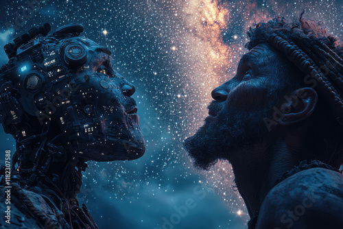 Primitive man and robot gazing at stars