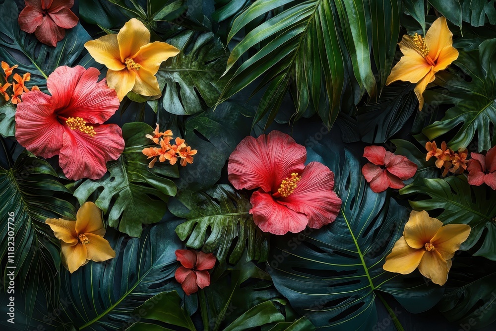 Obraz premium Colorful tropical flowers and lush green leaves create a vibrant natural composition in a close view