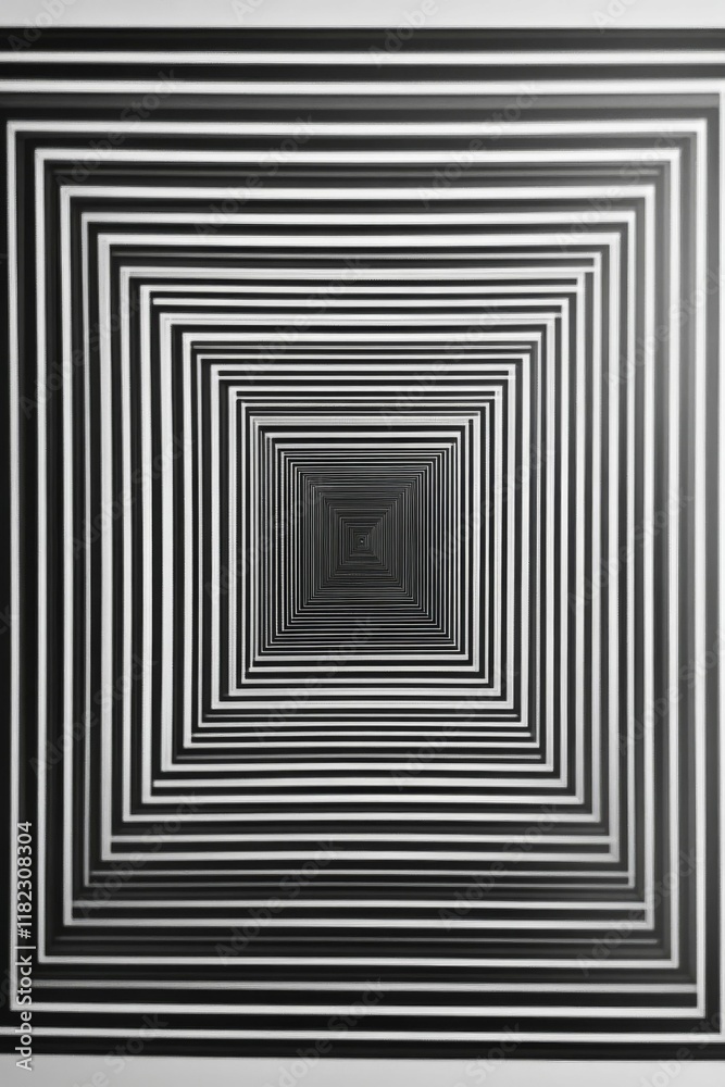 Receding monochrome squares, creating depth illusion.