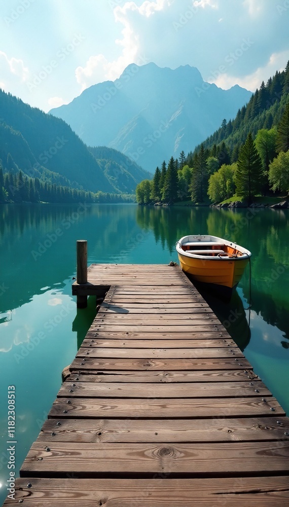 Obraz premium Lake dock with a turned boat in the background, docks, ranch
