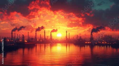 Industrial Landscape with Oil Refineries at Sunset. Generative AI photo
