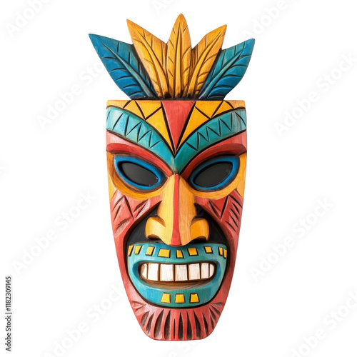 A colorful traditional tiki mask with intricate carvings, representing cultural artistry heritage photo