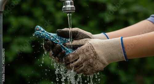 Gardener's hands cleaning colorful tools under outdoor faucet