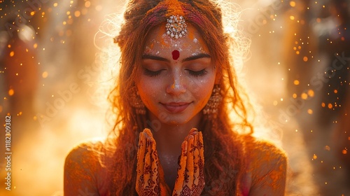 Beauty embraces the festival of colors with devotion and joy at sunset during Holi celebrations photo