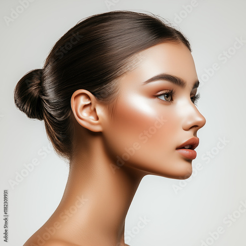 Portrait of a young European woman with smooth, glowing skin, natural makeup, and hair styled in a sleek bun, captured in profile against a neutral background. photo