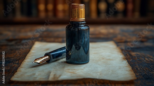 Elegant Fountain Pen and Inkwell on Aged Paper