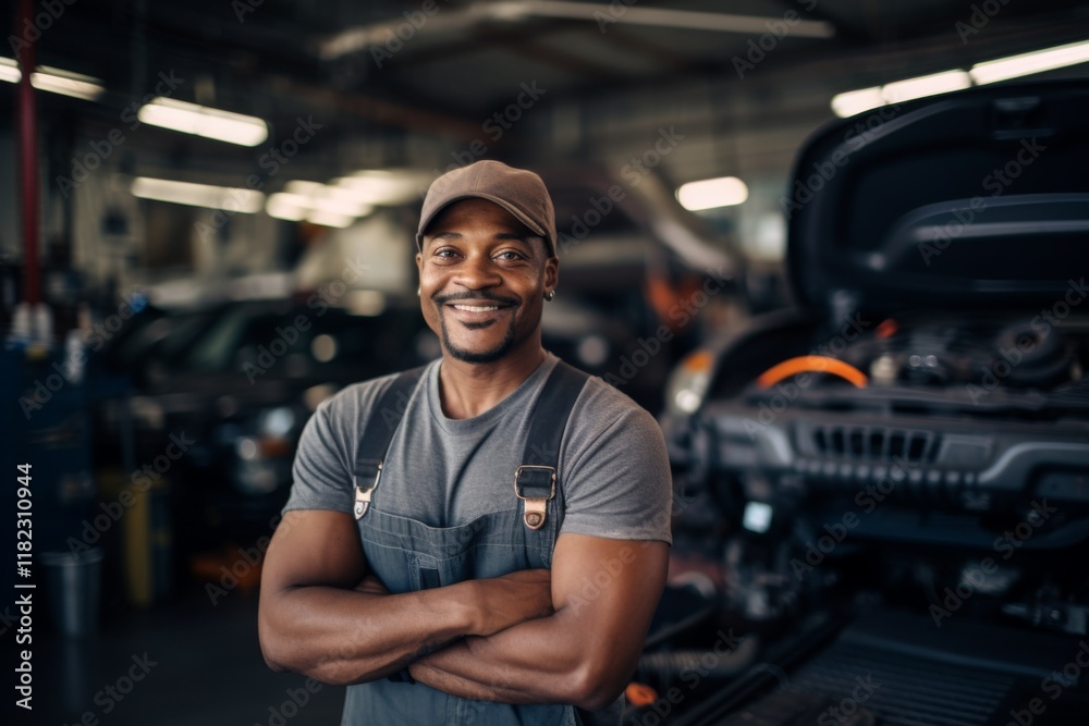 Smiling portrait of a middle aged African American car mechanic in workshop Smiling portrait of a middle aged African American car mechanic in workshop