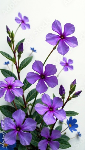 Purple periwinkle blooms with other types of flowers and foliage, mixed flowers, flora, periwinkle