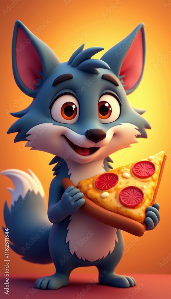 Fototapeta premium A cheerful cartoon wolf character holding a slice of pizza, perfect for children's products, food branding, or playful marketing campaigns.