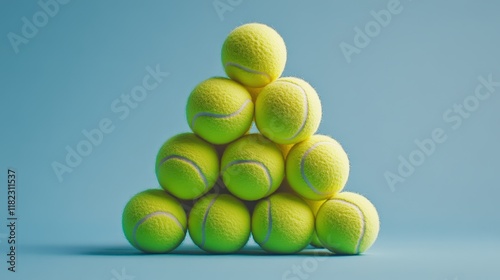 Ten bright yellow tennis balls arranged in a pyramid shape against a light blue background. Ideal for sports websites, blogs, or social media posts. photo