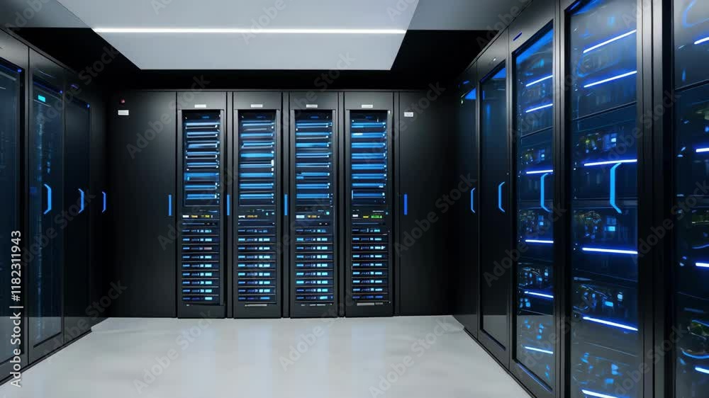 Modern server facility featuring rows of servers with blue lighting, showcasing advanced technology and efficient design Modern server facility featuring rows of servers with blue lighting, showcasing advanced technology and efficient design