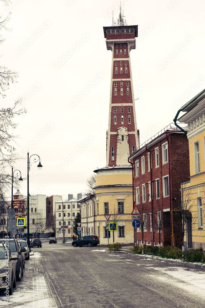Obraz premium Historical fire-tower of Rybinsk built in 1912, one of the highest fire watchtowers in Rybinsk, Russia