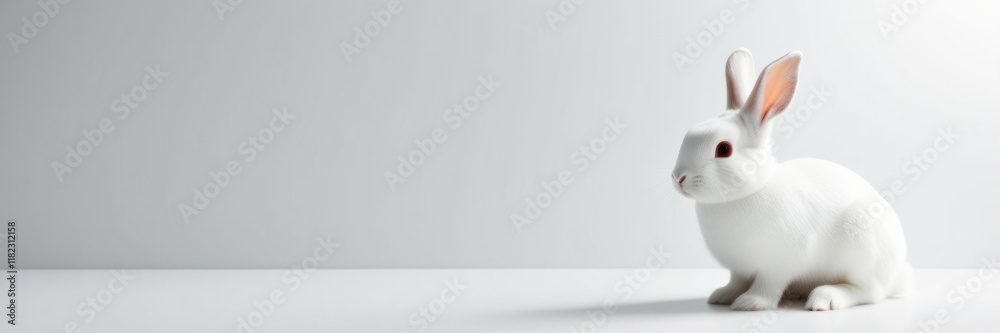 Obraz premium White rabbit in a white room. Happy Easter holiday. Copy space for text banner
