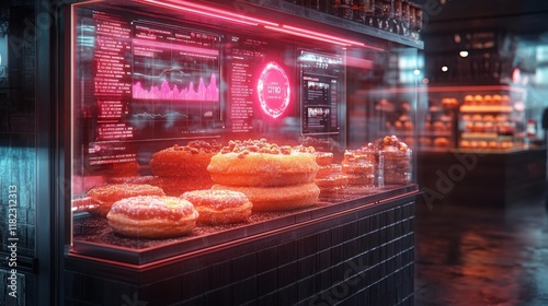 Futuristic Pastry Kiosk with Digital Displays. Generative AI photo