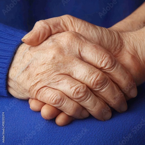 Two Hands Gently Intertwined, Symbolizing Love, Support, and Togetherness Across Generations, Featuring Wrinkled Skin and Soft Textures on Blue Background photo