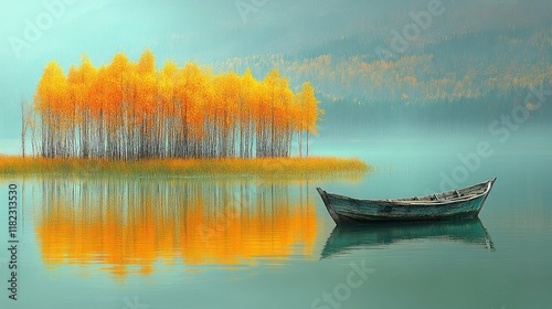 Serene lake with autumn trees and a wooden boat.