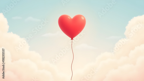 Romantic Red Heart Balloon Floating in Dreamy Pastel Sky with Clouds