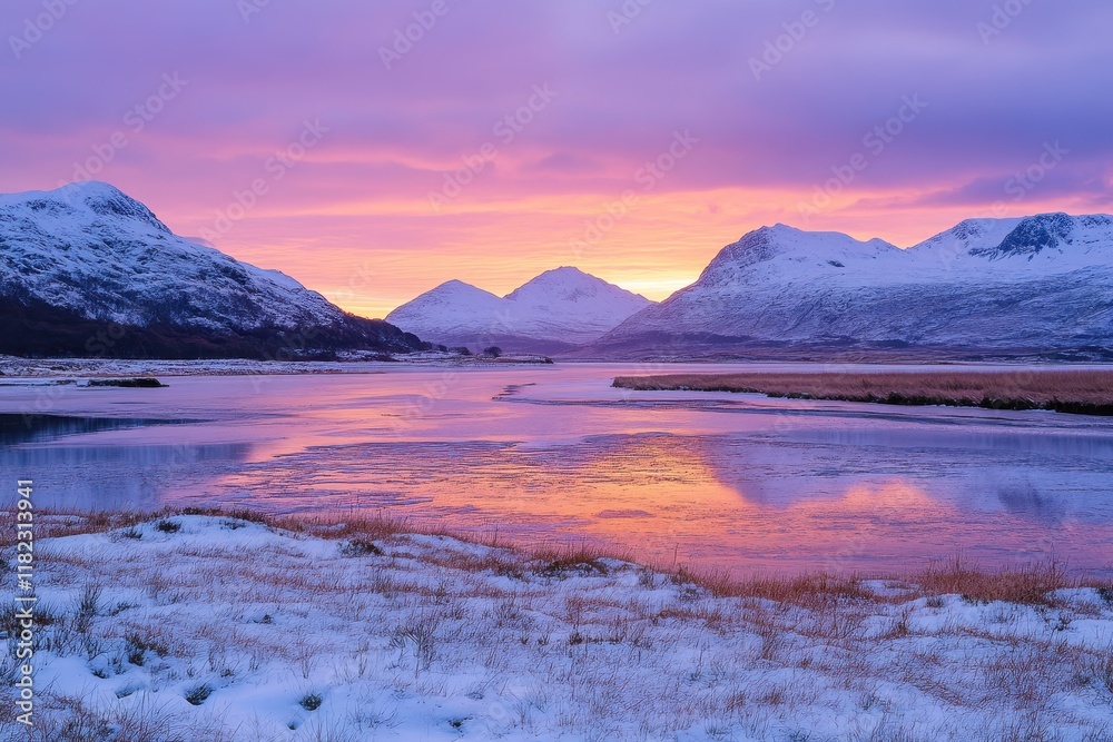 Fototapeta premium Beautiful winter sunset over snowy mountains and calm water in a serene landscape