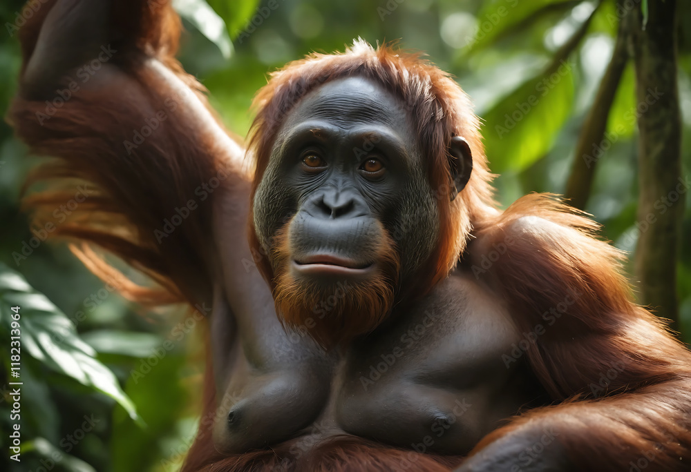 Fototapeta premium A stunning Bornean orangutan, female, sitting amidst lush green rainforest foliage, sunlight filters through the canopy, illuminating her rich reddish-brown fur