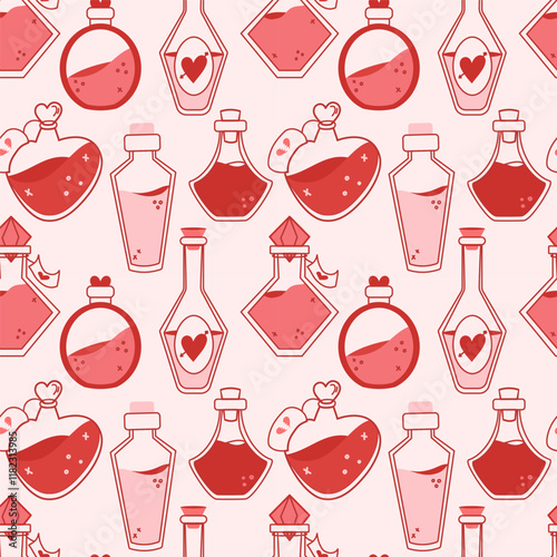 Seamless romantic pattern with potions in retro style. Pink Background with magic potions.