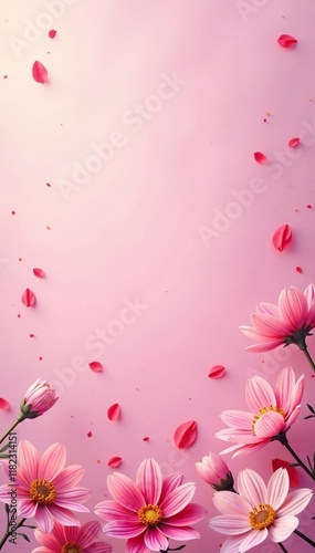 Soft pink gradient background with scattered flowers, nature, peaceful