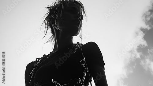 Low angle black and white silhouette of a person with messy hair wearing a chained top looking up to the sky. Perfect for album covers or edgy fashion campaigns. photo