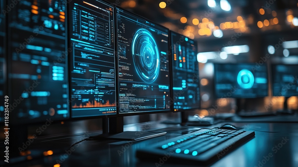 custom made wallpaper toronto digitalAn ultra-modern workspace with holographic monitors and virtual assistants, sleek and futuristic 