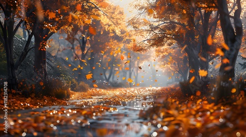 Falling leaves on the road in autumn season