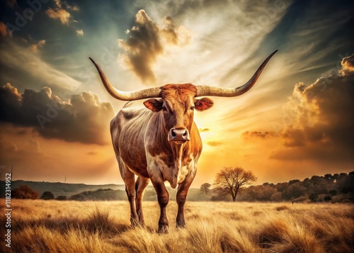 Vintage Photo of Majestic Longhorn Bull in Texas Landscape