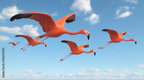 Vibrant Flamingos in Flight in Detailed Render