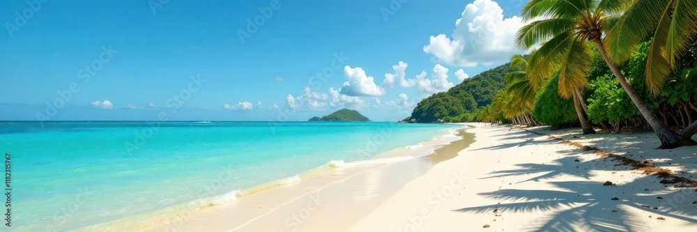Sandy beach with lush greenery and a clear blue sky, tropical, scenery, ocean Sandy beach with lush greenery and a clear blue sky, tropical, scenery, ocean